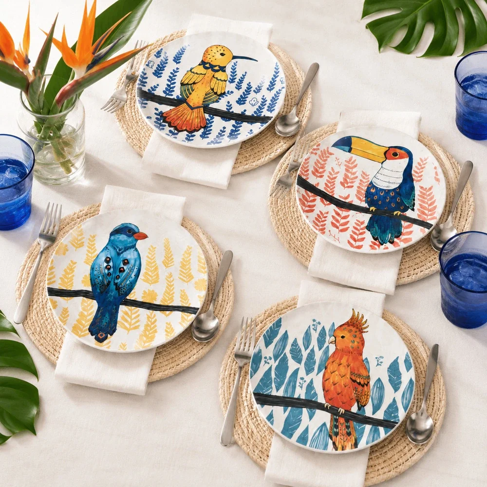 Pier 1 Tropical Birds 8” Salad Plates Set of 4 Colorful Stoneware Resort Style